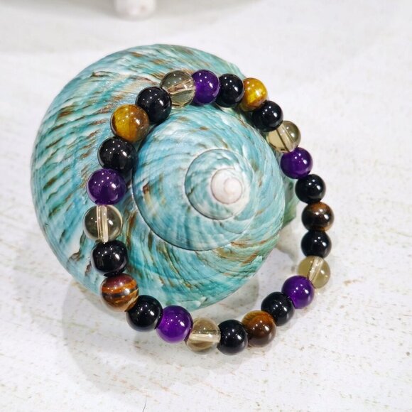 Aura Shield ✦ Tigers Eye Amethyst Hematite Bracelet ✦ 8mm Crystal Bead Stretch - Picture 6 of 9